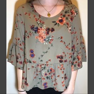 Grey floral ruffle blouse